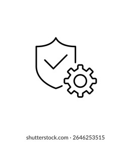 Shield with checkmark and cogwheel. Security maintenance, privacy controls, it management, settings, protection. Pixel perfect, editable stroke vector icon