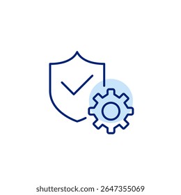 Shield with checkmark and cogwheel. Security maintenance, privacy controls, it management, settings, protection. Pixel perfect, editable stroke vector icon