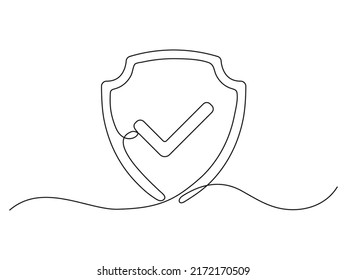 Shield with checkmark continuous line art. Protect linear symbol. Guard drawing sign. Vector isolated on white. - Shutterstock ID 2172170509