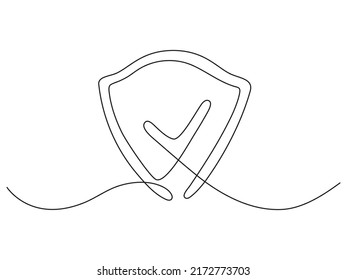 Shield with checkmark continuous line art. Protect linear symbol. Guard drawing sign. Vector isolated on white.