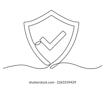 Shield with checkmark continuous line art. Protect linear symbol. Guard hand drawing sign. Vector isolated on white.