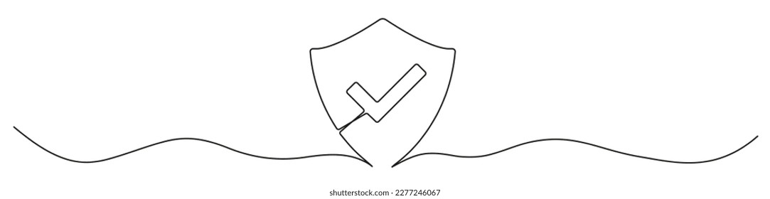 Shield with checkmark continuous line art drawn. Protect linear symbol. Guard hand drawing sign. Vector illustration isolated on white.