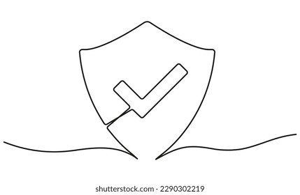 Shield with checkmark continuous line art drawn. Protect linear symbol. Guard hand drawing sign. Vector illustration isolated on white.