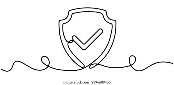 Shield with checkmark continuous line art drawing. Protect linear symbol. Guard sign. Vector hand drawn illustration isolated on white.