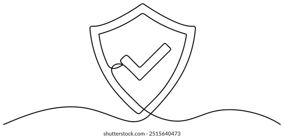 Shield with checkmark continuous line art. Protect linear symbol. Guard hand drawing sign. Vector illustration.