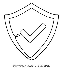 Escudo com marca de verificação arte de linha contínua. Proteger e guardar símbolo linear. Ilustração vetorial isolada em branco.