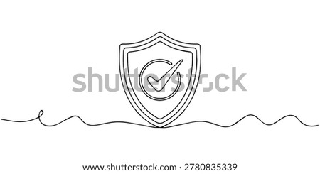 Shield with checkmark continuous line art. Protect linear symbol. Guard drawing sign. one line Icon drawing, Shield with check protect, one line continuous. Success, guarantee, safe sign. Vector outline, Shield check mark icon continuous one line drawing, Shield, Protection