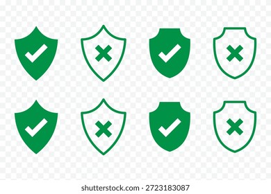 Conjunto de iconos de cruz de marca de verificación de escudo. Iconos de escudo de marca de verificación verde y escudo de cruz roja. Marca de verificación y una cruz con icono de contorno de escudo. Dos escudos, uno con una marca de verificación verde y otro con una cruz roja eps10