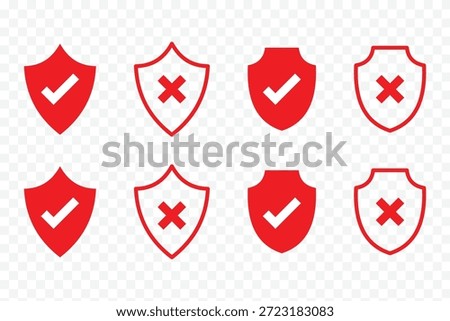 shield checkmark cross icon set. Green check mark shield and red cross shield icons. Check mark and x cross with shield outline icon. Two shields, one with a green checkmark one with a red cross eps10