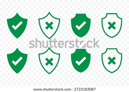 shield checkmark cross icon set. Green check mark shield and red cross shield icons. Check mark and x cross with shield outline icon. Two shields, one with a green checkmark one with a red cross eps10