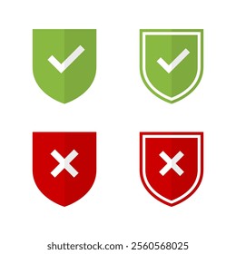 Shield checkmark and cross mark icon in flat design. Defense, protection sign symbol