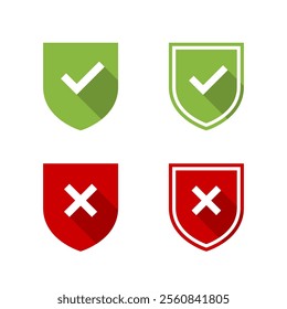 Shield checkmark and cross mark icon with long shadow. Defense, protection sign symbol