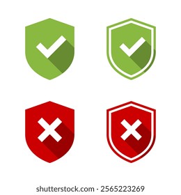 Shield checkmark and cross mark icon with long shadow. Defense, protection sign symbol