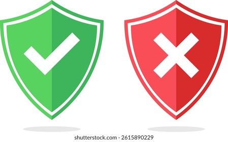 Shield checkmark and cross mark icon set. cyber protection and privacy. digital protection lock icons. encrypted padlock signs
