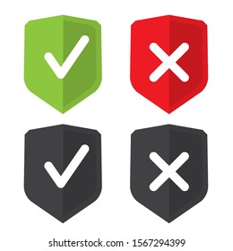 Shield with a checkmark and a cross. Protection and security symbol. Set of four vector icons. Safety confirmation check logo design template elements. Tick mark approved on white background.