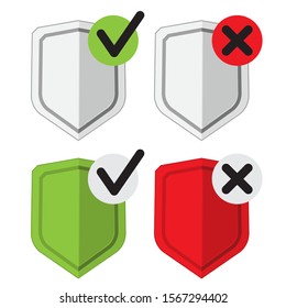 Shield with a checkmark and a cross. Protection and security symbol. Set of four vector icons. Safety confirmation check logo design template elements. Tick mark approved on white background.