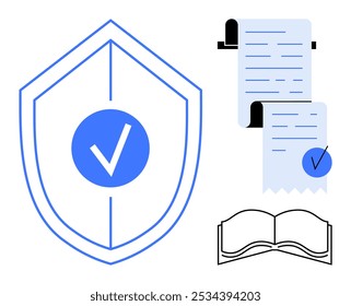 Proteger com marca de seleção, documentos com marcas de seleção e livro aberto. Ideal para proteção legal, contratos, segurança, conformidade e documentação. Linhagem simples com elementos azuis e pretos