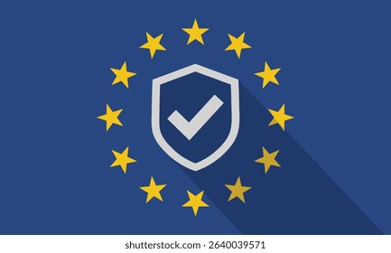 Shield and Checkmark Icon with Long Shadow on the European Union Flag.