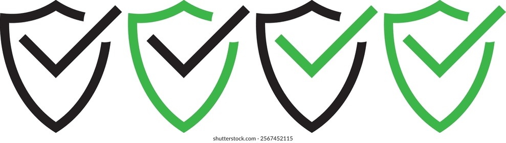 Shield checkmark icon set. Protect shield security symbol. Different style shields check mark icons. Safety or protection sign