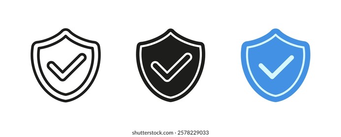 Shield with checkmark icon. Warranty and guarantee vector illustration. Security and protection symbol. Guard and defense sign. Firewall emblem. Network privacy safeguard pictogram. Shield checkmark.