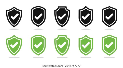 Escudo con iconos de marca de verificación. Seguridad, protección, protección, símbolos de defensa. Vector de icono de escudo de garrapatas.