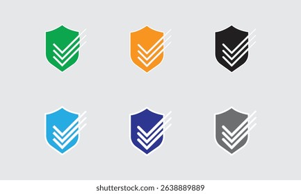 Shield Checkmark Icons Vector Art. This collection of minimalist shield icons with embedded checkmarks represents protection, security, and trust.