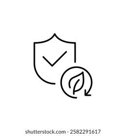  Shield with a checkmark and leaf inside a recycling arrow. Products or services that are environmentally certified and adhere to sustainability standards. Pixel perfect vector icon