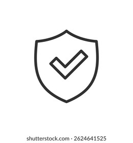 Schild mit Markierung, lineares Symbol. Sicherheit, überprüfte Sicherheit oder Vertrauenswürdigkeit. Linie mit editierbarem Strich.
