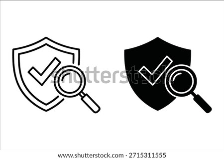 Shield with checkmark and magnifying glass in black and white