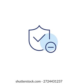 Blindagem, marca de seleção e menos. Proteção desativada, apólice de seguro cancelada. Pixel perfeito, ícone de vetor de traçado editável
