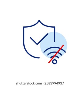 Shield with checkmark and no wi-fi symbol. Cyber security, offline data protection. Pixel perfect, editable stroke icon