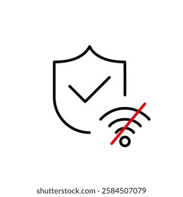 Shield with checkmark and no wi-fi symbol. Cyber security, offline data protection. Pixel perfect vector icon