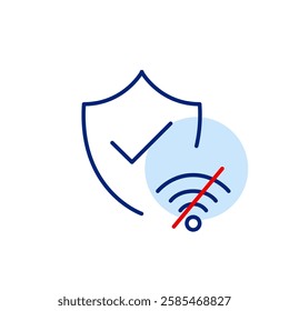 Shield and checkmark and no wi-fi symbol. No security software protection updates. Pixel perfect, editable stroke vector icon