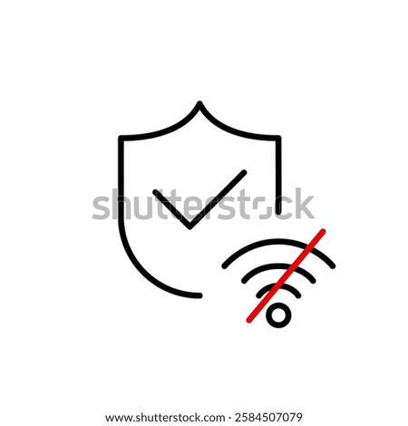 Shield with checkmark and no wi-fi symbol. Cyber security, offline data protection. Pixel perfect vector icon