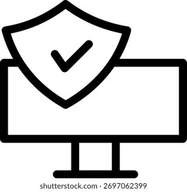 Shield with a checkmark on a computer monitor, indicating certified or complete security.