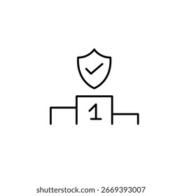 Schild mit Häkchen auf dem Podium. Verifizierter Sieg, vertrauenswürdige Leistung, sicherer Sieg, anerkannter Champion-Status. Pixel perfekt, bearbeitbares Strichvektorsymbol