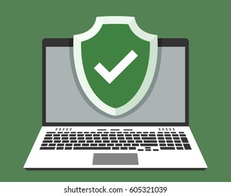 Shield with checkmark over laptop. Computer security concept