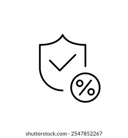 Shield, checkmark and percent symbol. Guaranteed discounts, verified insurance offers. Pixel perfect vector icon