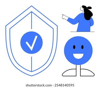 A shield with a checkmark, a person pointing, and a smiling face. Ideal for security, protection, user experience, trust, and satisfaction themes. Modern, clean, minimalistic