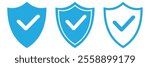 Shield with a checkmark. Protection and security symbol. Set of blue shield vector icons. Vector illustration of blue shield icon with checkmark .