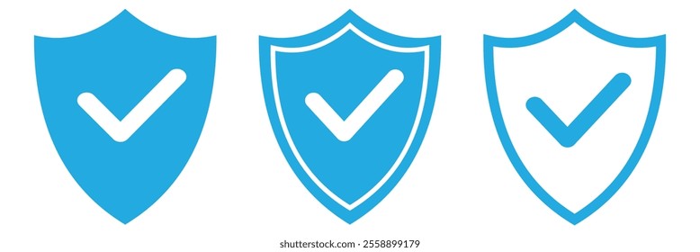 Shield with a checkmark. Protection and security symbol. Set of blue shield vector icons. Vector illustration of blue shield icon with checkmark .