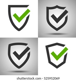 Shield with a checkmark. Protection and security symbol. Set of four vector icons. Safety confirmation.