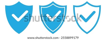 Shield with a checkmark. Protection and security symbol. Set of blue shield vector icons. Vector illustration of blue shield icon with checkmark .