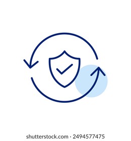 Shield with checkmark in refresh arrows. Real time verification, security updates. Pixel perfect, editable stroke icon