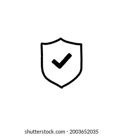 Shield with checkmark vector. Hand drawn style, sketch style.