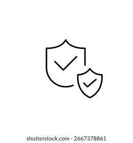 Escudo y marca de verificación. Protección verificada, confianza y seguridad, cumplimiento certificado, seguridad confirmada. Icono de Vector de trazo perfecto y editable