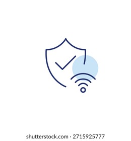 Schild mit Häkchen und Wi-Fi-Symbol. Cybersicherheit, geschützte Internetverbindung. Pixel perfekt, bearbeitbares Strichvektorsymbol