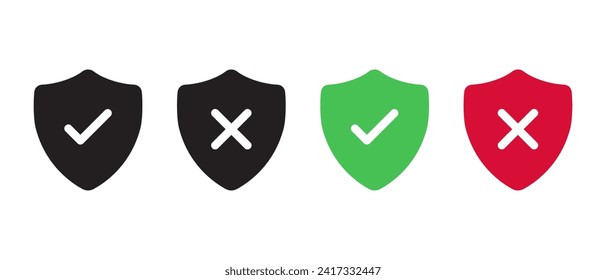 Shield with checkmark and x cross icon vector. Protection sign symbol