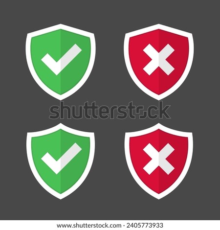 Shield with checkmark and x cross mark. Red and green shields symbol vector