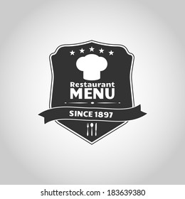 Shield with chef cap and ribbon for restaurant menu emblem.